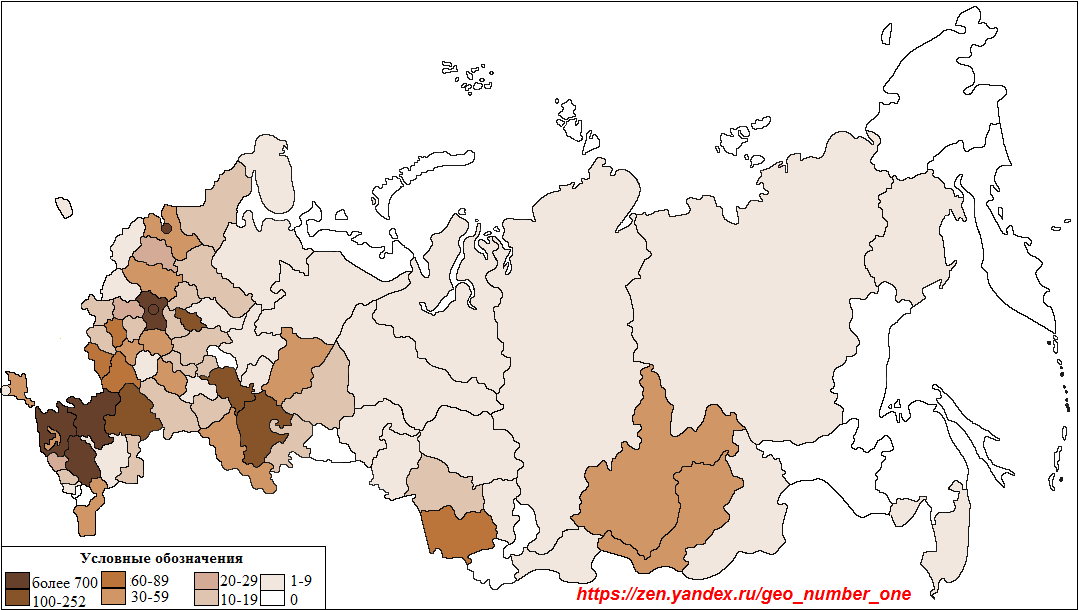 Численность афганцев в регионах России в 2010 г., чел. (составлено автором по переписным данным). Данные по Крыму и Севастополю приведены на 2014 г.