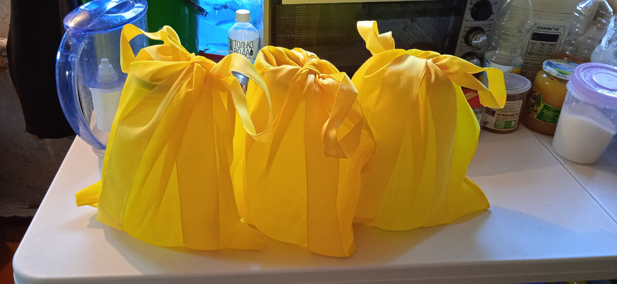 Сшила сумки для баллонов, надоели пакеты. Нашла в закромах обычную подкладочную ткань и ленту подходящего цвета. На молоко отношу сразу 3 баллона, чтоб не ходить каждый раз (у меня их всего 3). По средам и воскресеньям с 8 до 9 привозят молоко прямо к калитке - это очень удобно, особенно по такой погоде. Когда только переехали, покупали у другой женщины и приходилось 2 раза в неделю по утрам идти минут 15 в одну сторону, что было мне напряжно, ведь это помимо других частых поездок в центр. Потом у этой женщины корова умерла и я нашла другую. 