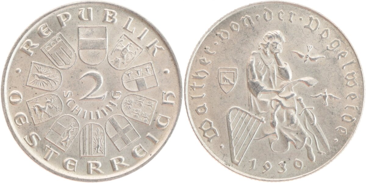 Эта австрийская монета посвящена миннезингеру Вальтеру фон дер Фогельвейде (проба серебряного сплава: 640, масса: 12 г)