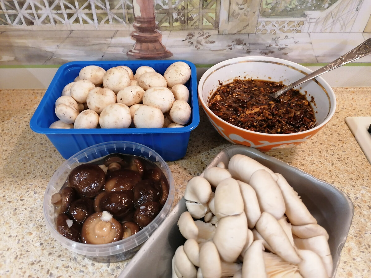 Фото автора. 4 вида грибов для солянки: сушеные, соленые, вешенки и шампиньоны