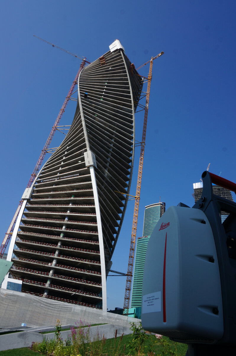 Башня «Эволюция» (в оригинале Evolution Tower) Лазерное сканирование монолитных конструкций башни для определения реальной геометрии для дальнейшего перепроектирования закладных элементов для остекления