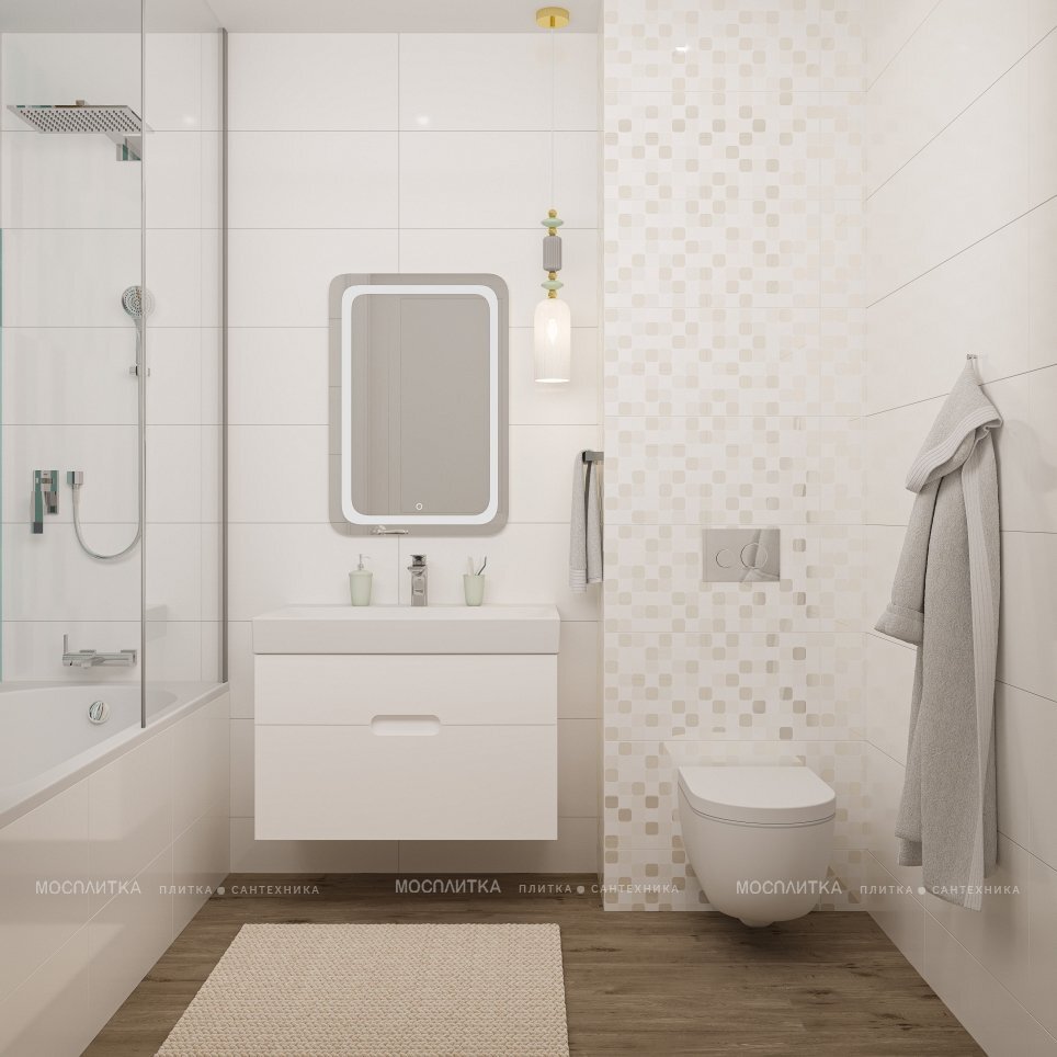 1) Подвесная сантехника в лаконичных формах облегчает уборку. 2) Зеркало со встроенной подсветкой даёт качественное и правильное освещение. 3) На светлой плитке меньше заметны известковый налёт и разводы воды