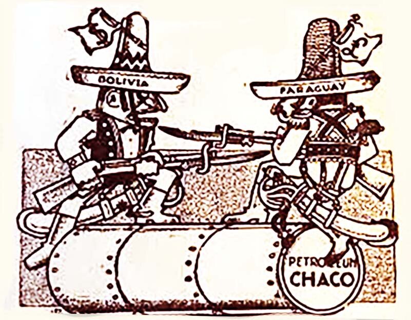 Карикатура времен Чакской войны. На сомбреро Боливии — знак американского доллара, обозначающий компанию "Standard Oil", на сомбреро Парагвая — знак английского фунта-стерлингов, обозначающий "Royal Dutch Shell".
