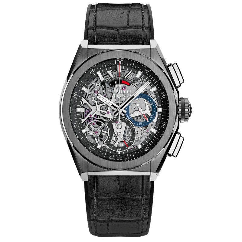 Часы Zenith Defy из титана с черным кожаным ремешком, автоматическим подзаводом, хронографом, индикатором запаса хода, скелетонизированным циферблатом, водонепроницаемостью 100 м и запасом хода 50 часов