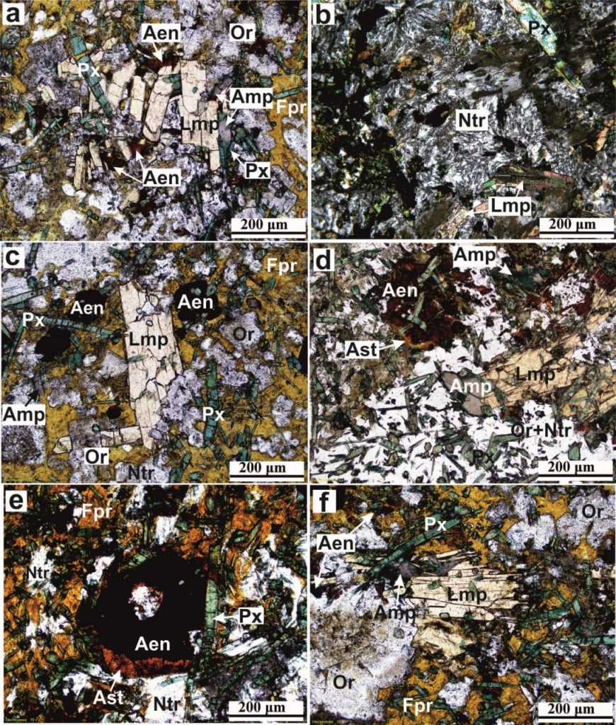 Микрофотографии минералов дайки. Lmp – Лампрофиллит; Px – эгирин-авгит; Amp – арфведсонит (a,b,c,d,f); Aen – энигматит (a,c,d,e,f); Аст – астрофиллит (d,e); Ор – ортоклаз; Ntr – натролитом; Or – ортоклазом (c,d,e,f); Fep – феррипирофиллита (a,c,e,f). 