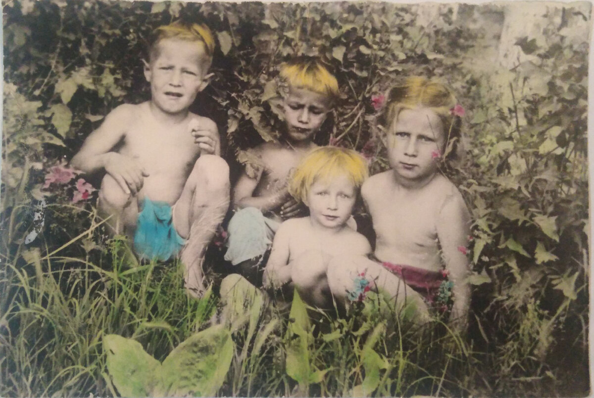 Фото из семейного архива. Такими мы были на то время. Слева направо: Толик, Витя, Тома и я среди разнотравья в лесопосадке.