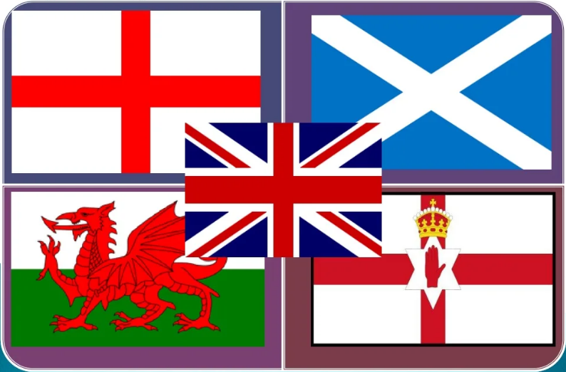 Флаги Англии, Шотландии, Уэльса (с драконом), Великобритании и/или Северной Ирландии (в центре) и Ольстера (внизу справа).