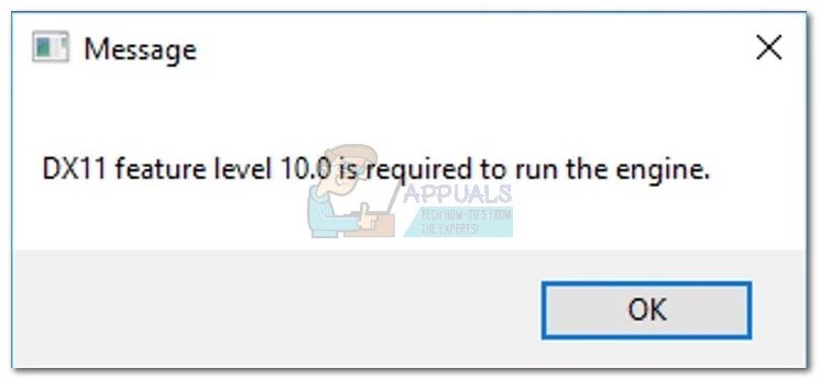 Ошибка «DX11 feature level 10.0 is required to run the engine»  появляется, когда в системе отсутствует соответствующий уровень Direct3D Hardware Feature Level,  необходимый для игрового движка. Это конкретное сообщение об ошибке сигнализирует о том, что движок приложения не может использовать Direct 3D Feature Level версии 10.0 .Если в операционной системе установлена ​​последняя версия DirectX, ошибка обычно является признаком того, что графический процессор не соответствует минимальным системным требованиям или работает на устаревшем программном драйвере. Пользователи столкнутся с этой ошибкой при попытке запустить игры и другие приложения, требующие обширной графической обработки.