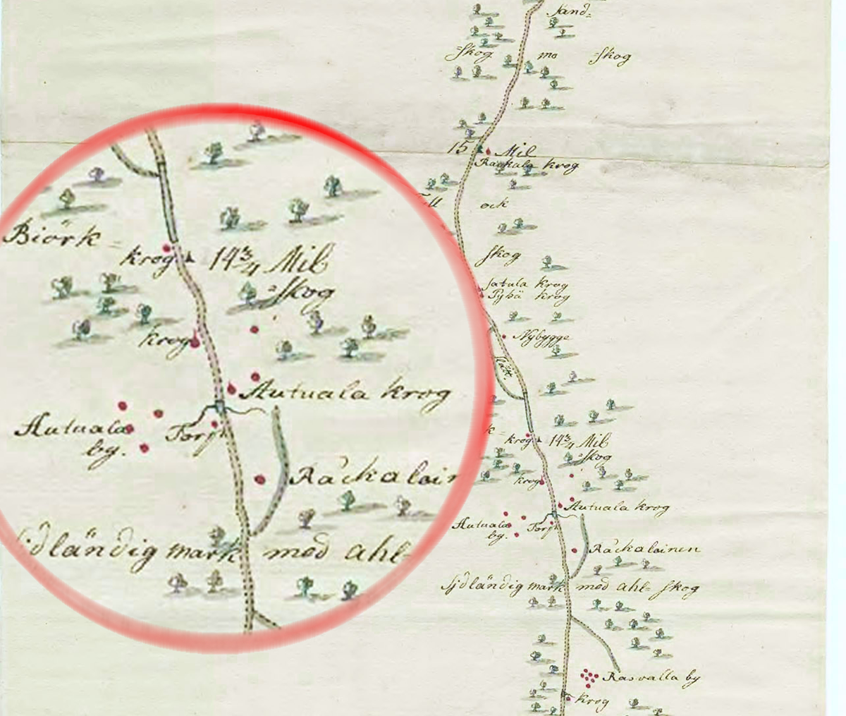 Деревня Autuala by и придорожный трактир Autuala krog. Фрагмент шведской карты дороги между Ниеном и Нарвой. 1688 год