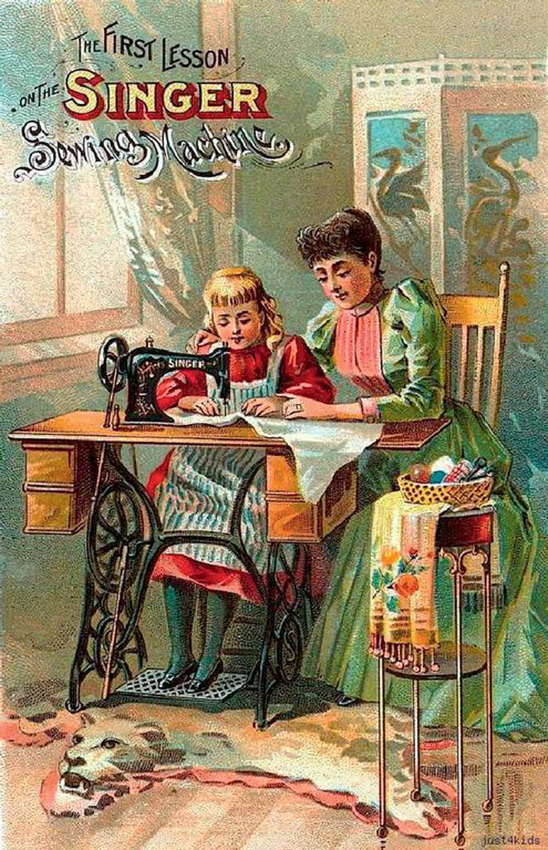 Реклама «Первый урок на швейной машине Зингер» (1890).
