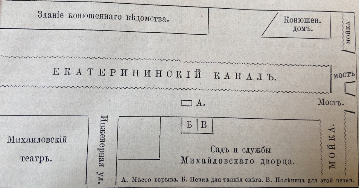 Схема того места тогда (из издания В.В.Комарова). Буквой А отмечено место трагедии