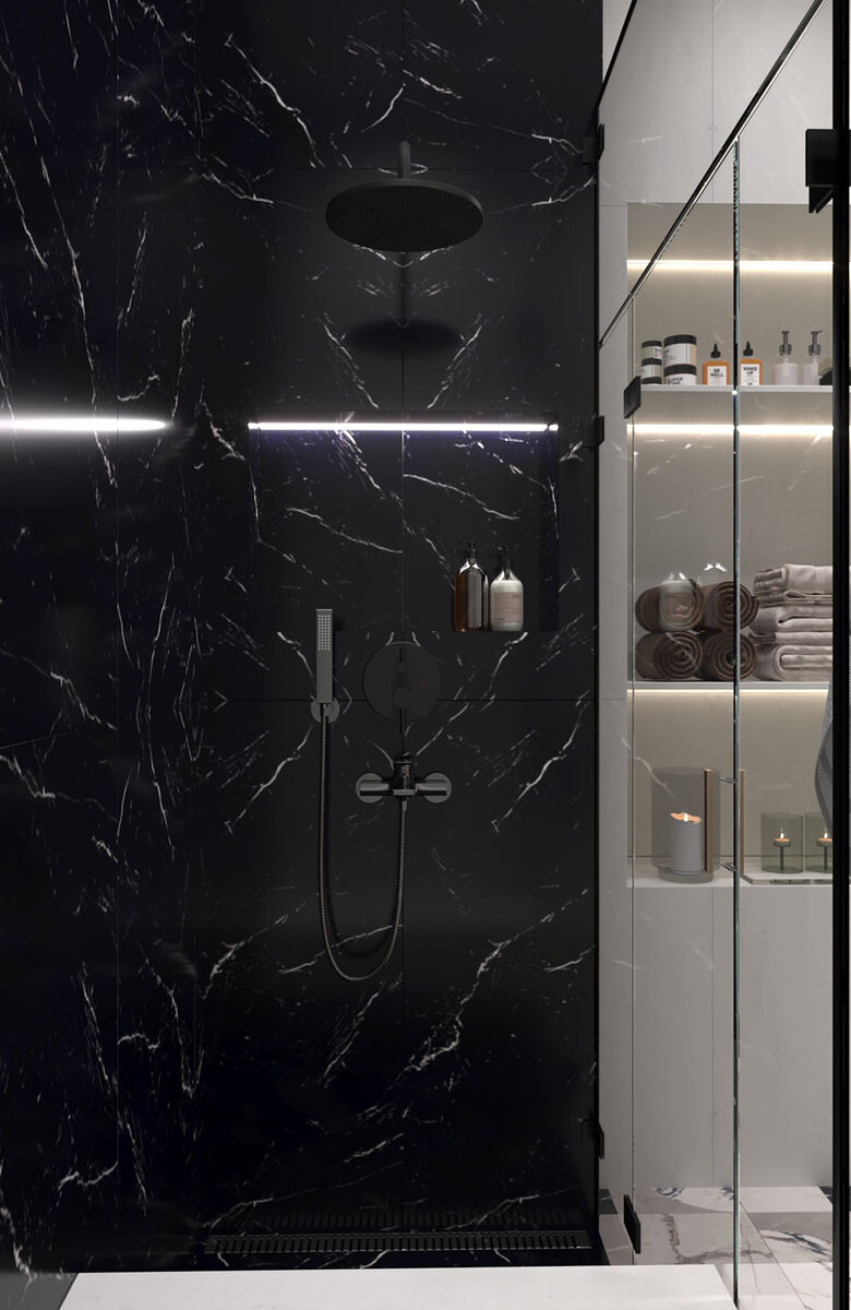 интерьер душевой в черном керамограните - дизайнер Наталья Андрейчук