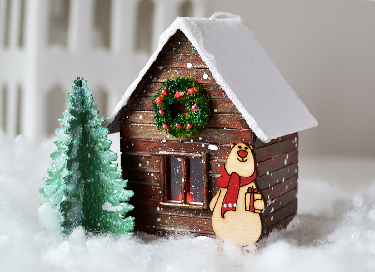 Рождественский домик своими руками из картона и бумаги, домик с лампочкой и елкой