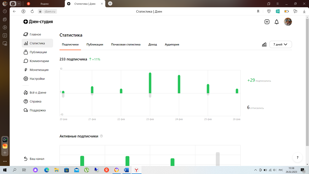 Подписчики на этой неделе +29 - 6, всего 23