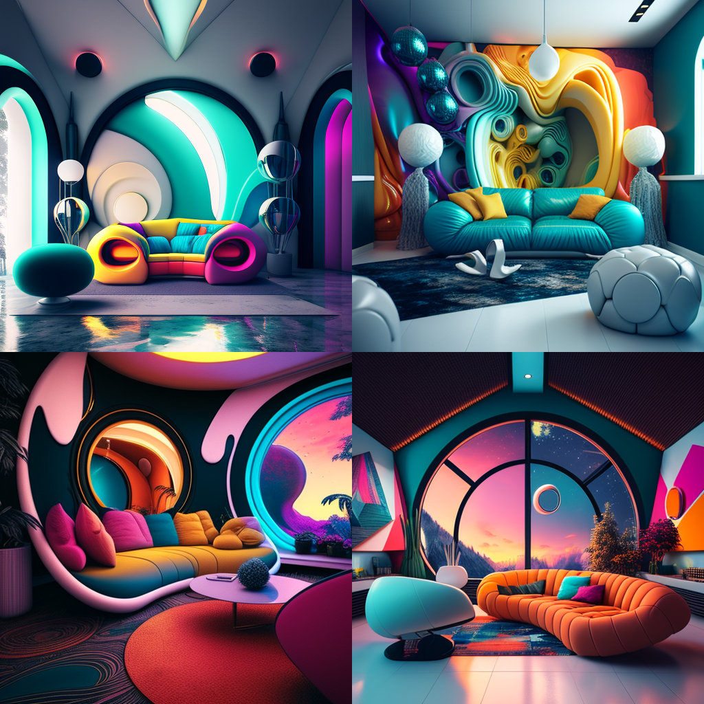 Пример запроса: an exquisite room design, colorful, and futuristic, with sofa in front 