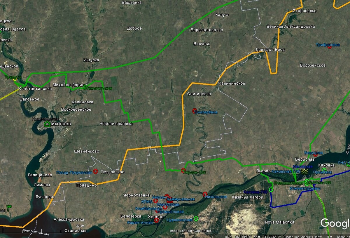Район расположения ПС 150 кВ Посад-Покровское. Красными значками обозначены объекты энергетики, перешедшие под контроль украинцев. Рыжая линия – линия фронта примерно на конец мая