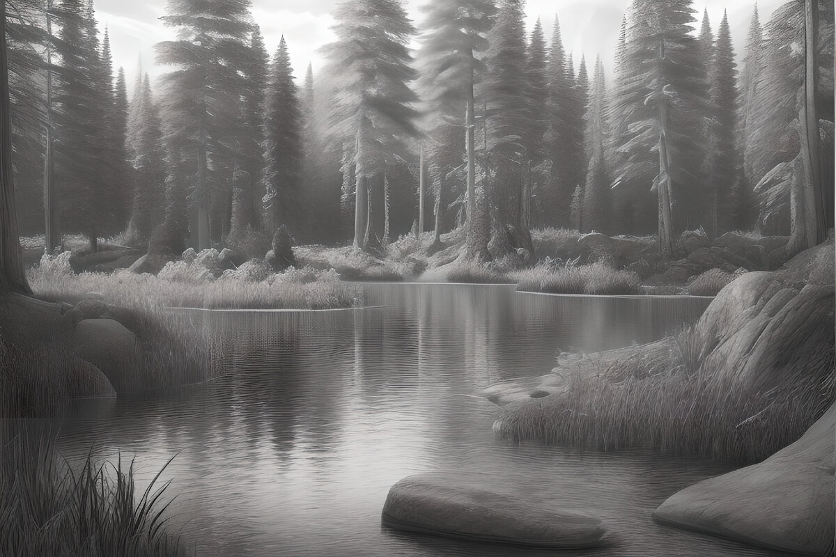Промпт: Forest lake, pencil drawing. Нариcовала нейросеть problembo