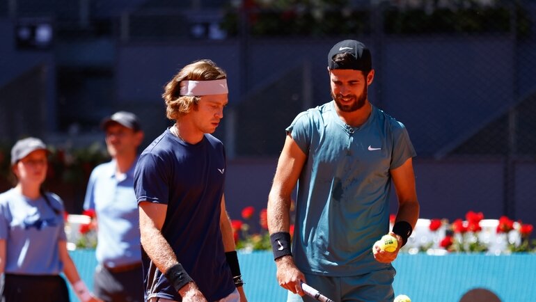    Андрей Рублев и Карен Хачанов в финале парного турнира в Мадриде. Global Look Press