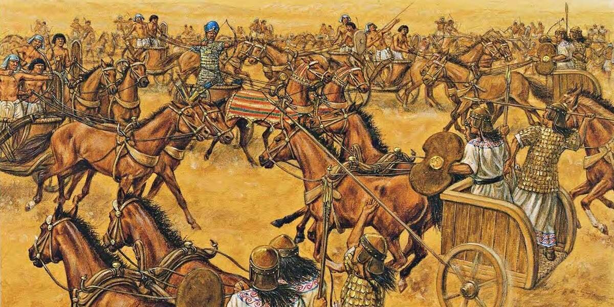 Столкновение египетских и хеттских колесниц в битве(иллюстрация из открытых источников).