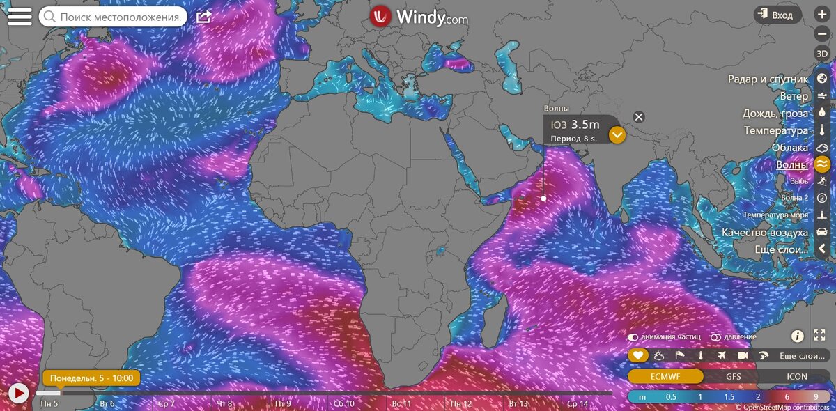 Интерфейс Windy, на нижней панели можно наложить дополнительные слои, например, веб-камеры или места для дельтапланеризма