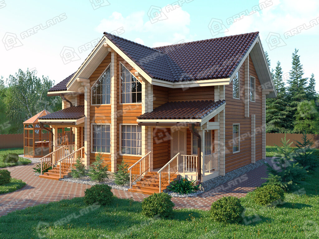 Фото 1 двухэтажного дома из бруса с мансардой, 4 спальнями, балконом, кабинетом, газовой котельной и террасой. Общая площадь 180 кв м. Источник arplans.ru Проект ДС-020