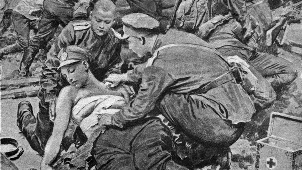 Раненая русская девушка. Рисунок сделан английским корреспондентом во время боев в районе Молодечно и опубликован в The Sphere. Перепечатан в жур. "Искра", №41, 1917 г.