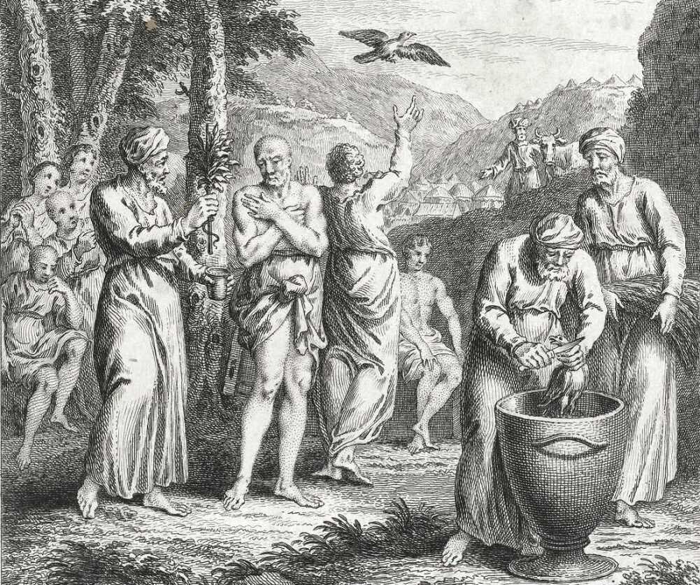 Прокаженный очищается двумя птицами. Голландский гравер Симон Фокке, 1712-1784 гг. 