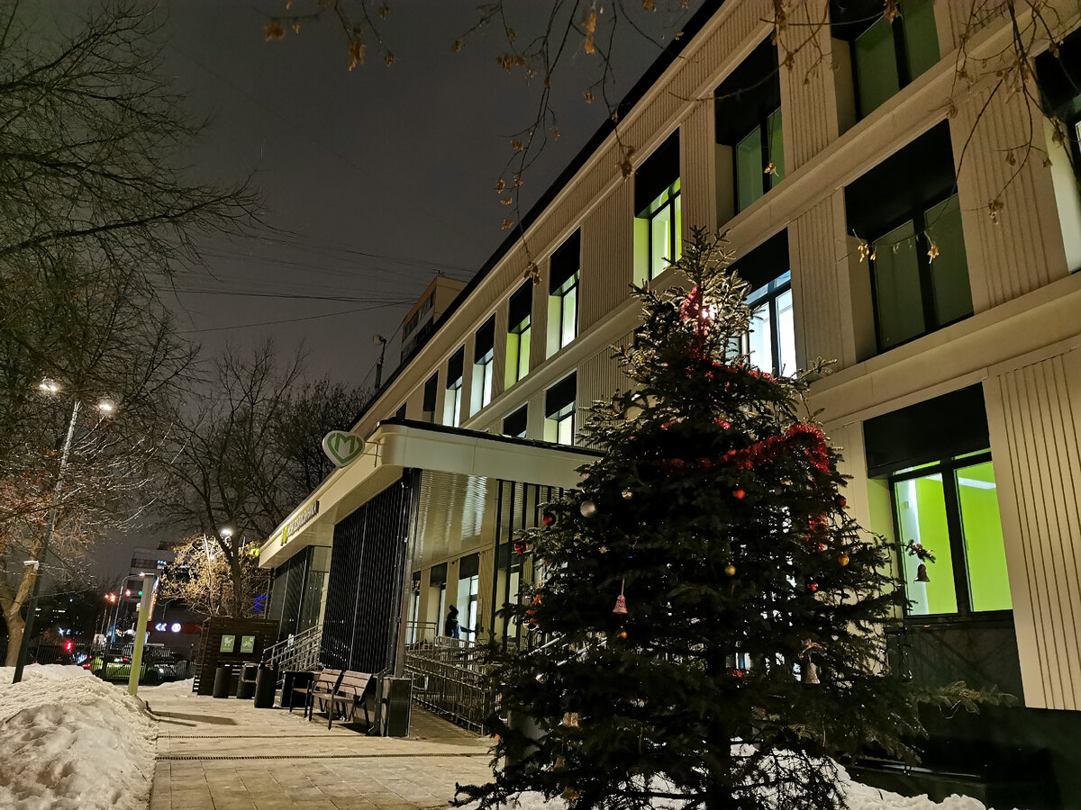 Внизу наряжённая елочка