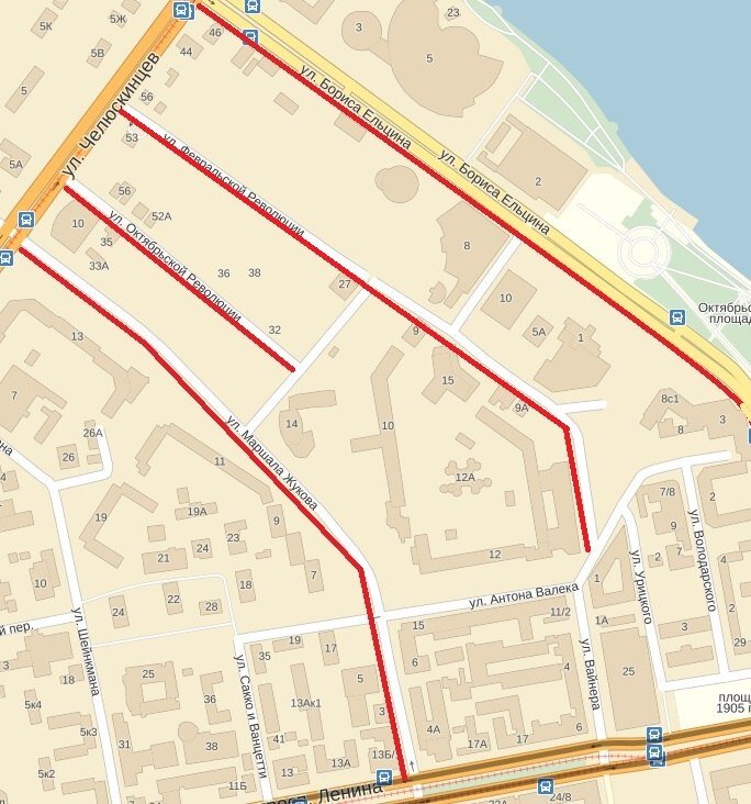 Маршала Жукова - Октябрьской революции - Бориса Ельцина - Февральской революции (Екатеринбург) © Яндекс