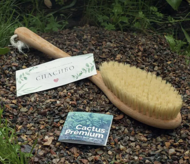 Моя кактусовая щетка, полностью натуральная. Так же заказывала ещё одну, она оказалась на половину синтетической и очень жесткой.  