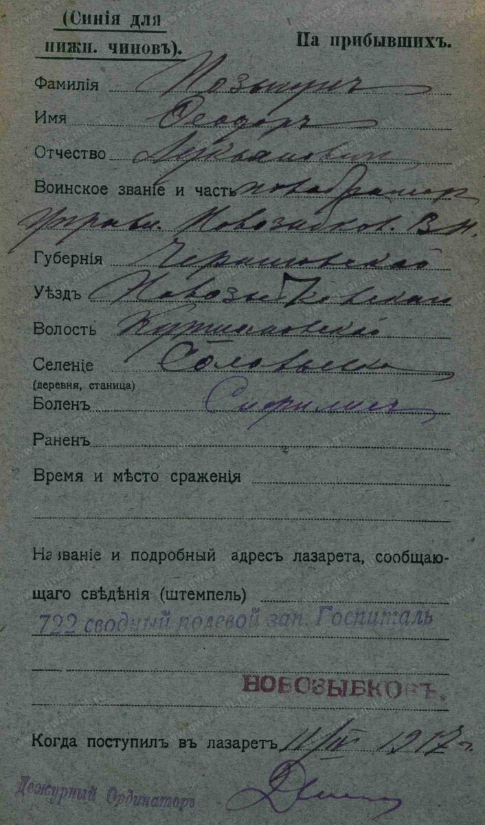 1917 год, Первая Мировая война, карточка на прибывшего в госпиталь