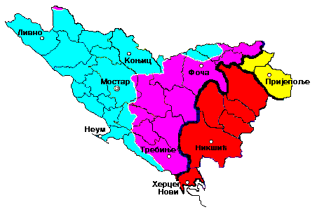 Части «Старой Герцеговины»: Западная, Восточная, Черногорская, Сербская (слева направо)