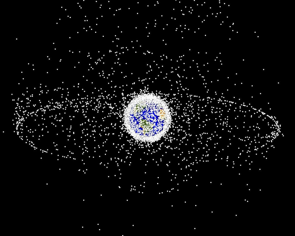 Компьютерная модель распределения космических объектов в околоземном пространстве, согласно описанию NASA 95 % из них являются мусором