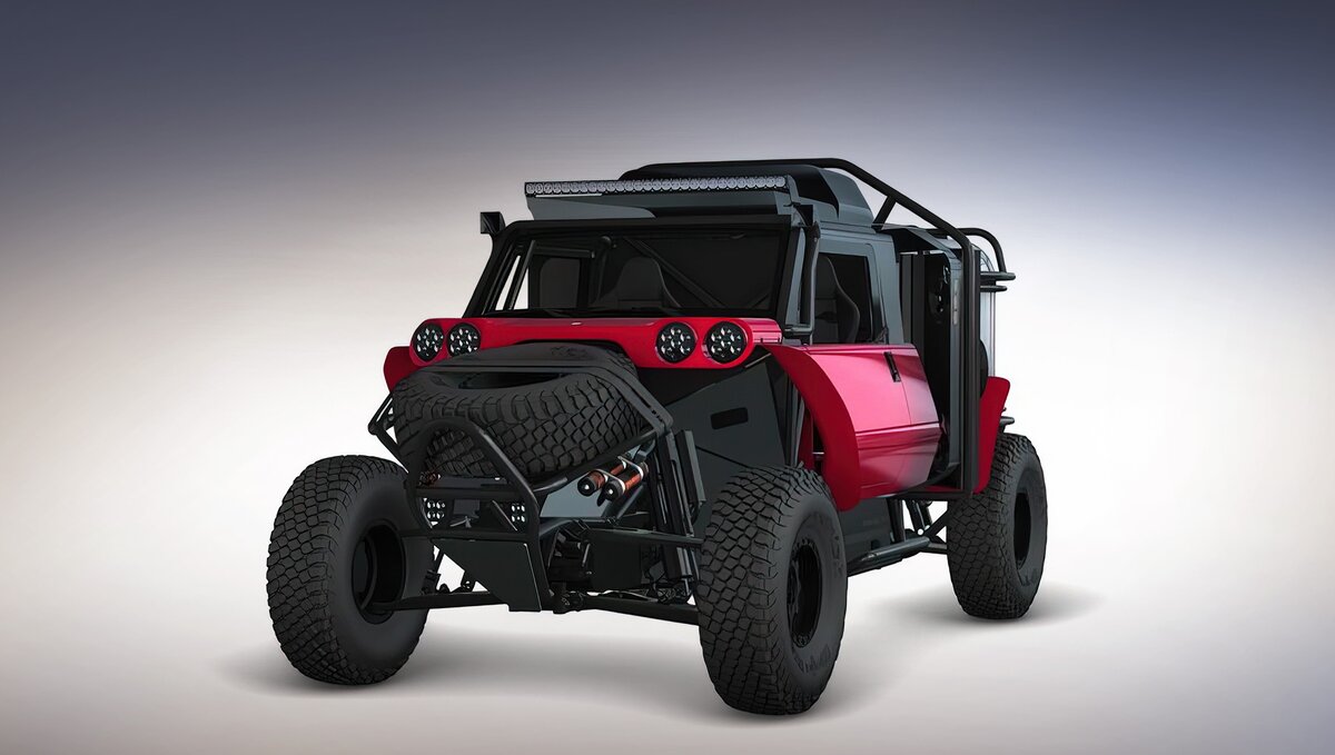 Необходимость в крыльях и моторном отсеке отпала, поэтому место на носу заняла запаска. Круглые фары и дверные панели напоминают бензиновый SCG Boot. На крыше — диодная «люстра» и шноркель.