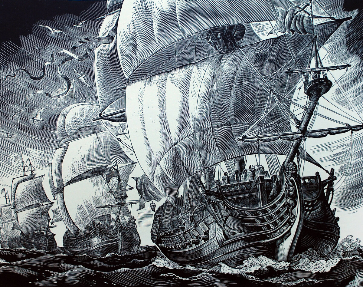 Яхнин Рудольф Моисеевич. ПЕТРОВСКИЙ ФЛОТ. 1980. Бумага, линогравюра