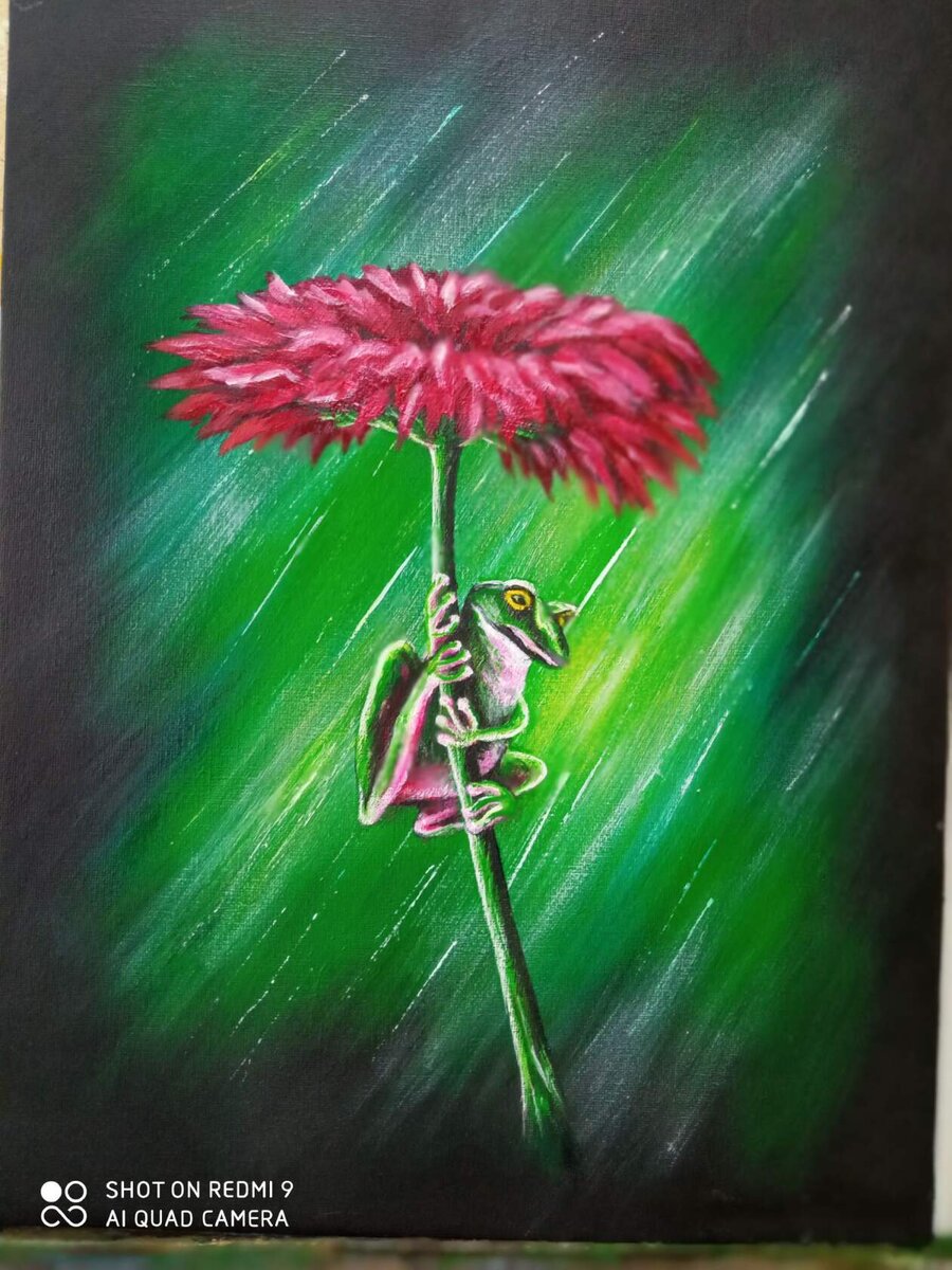 "Лягушонок "Пип"", холст, 30*40, акрил. 
Почему "Пип"?) Потому что у меня в аквариуме живут не только рыбки и креветки, но и маленькая лягушка, и ее научное название "аквариумная лягушка пипа", рисуя лягушонка, думала о своем питомце, поэтому "Пип"))).