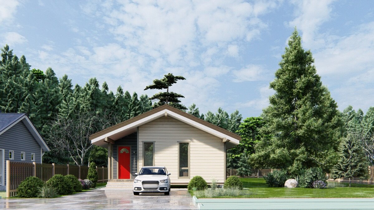 Проект одноэтажного уютного каркасного дома 84,9 м2 с двумя спальнями и крытой верандой. Дом "В Федосьино"