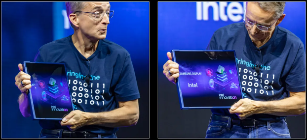 Генеральный директор Intel Пэт Гелсингер (Pat Gelsinger) показывает, как диагональ экрана «скользящего» ПК может увеличиваться с 13 до 17 дюймов по диагонали.