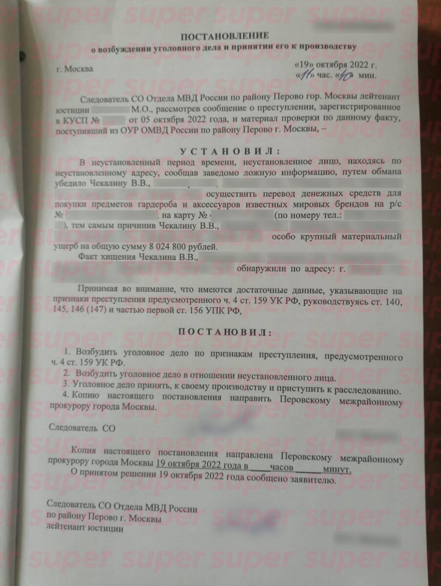    Постановление о возбуждении уголовного дела Фото: Super