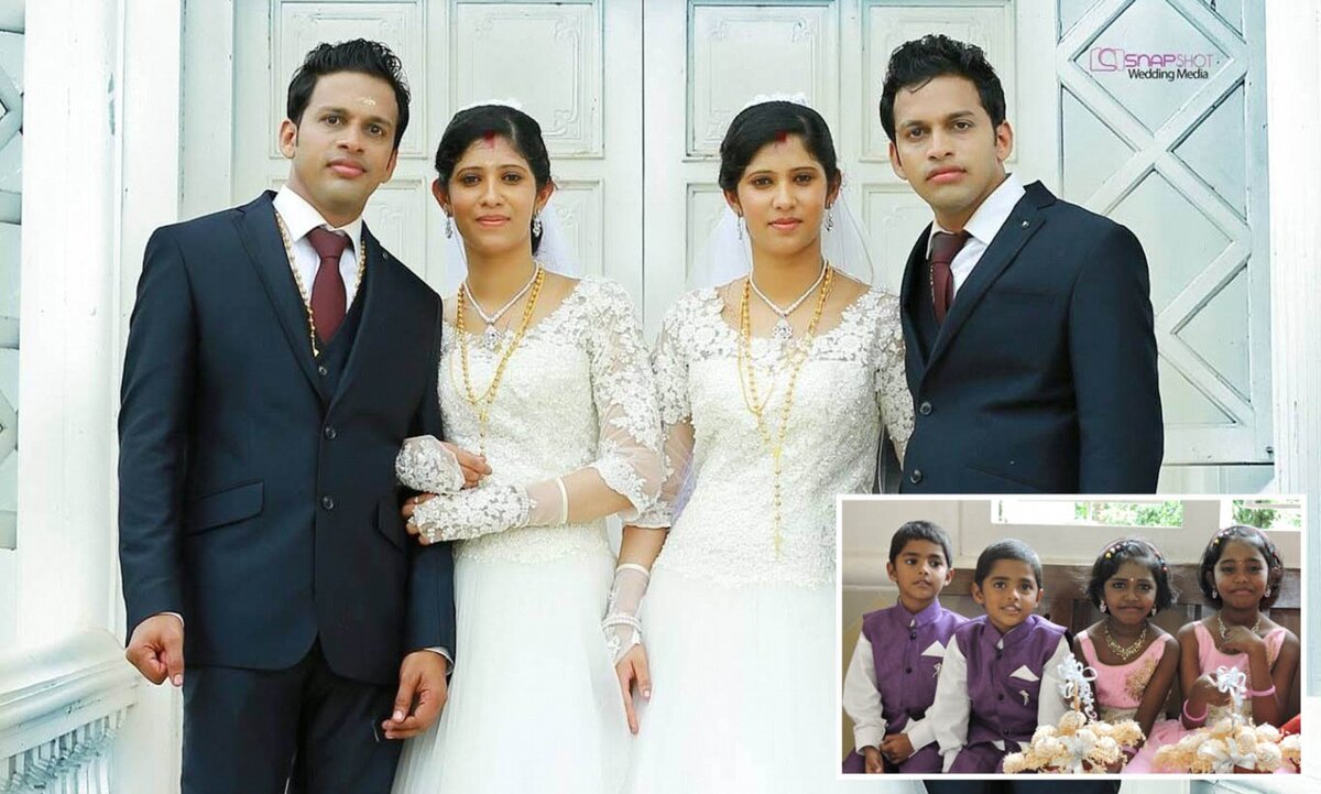 Мужчина женился на сиамских близнецах. Свадьба близнецов с близнецами. Сиамские Близнецы свадьба. Кодинхи деревня близнецов. Деревня близнецов в Индии.