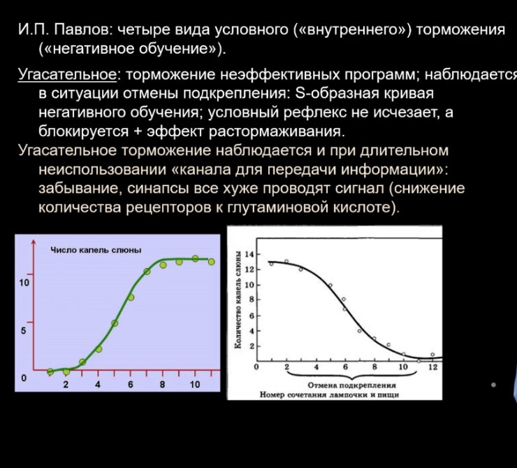 Слева - кривая создания условного рефлекса, справа - его затухания, если исчезает положительное подкрепление