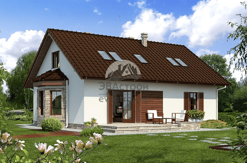 Проект дома 142 м2 из газобетона с мансардой, эркером, кабинетом и террасой - LG-25 