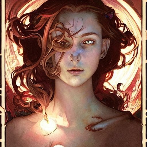 A portrait of a cute girl with bronze hair and glowing eyes by greg Rutkowski and artem demura and krenz cushart and alphonse mucha, surrounded by indescribable horror from the depths of space, highly detailed happy face, beautiful body, handsome goddess, masterpiece, by Howard Phillips Lovecraft, high quality, trending on artstation, cinematic light, fireflies, fog, perfection