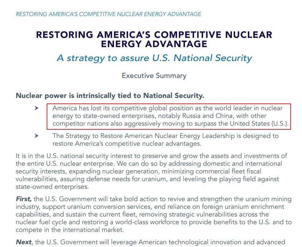 Документ минэнерго США о развитии национальной ядерной энергетики в стране (2020). Россия в 28-страничном документе упоминается 34 раза. 