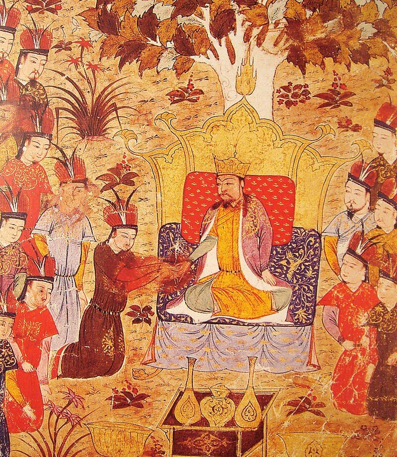 Коронация Угэдэя в 1229 году: покоренные цари на коленях, братья (с усами) стоят