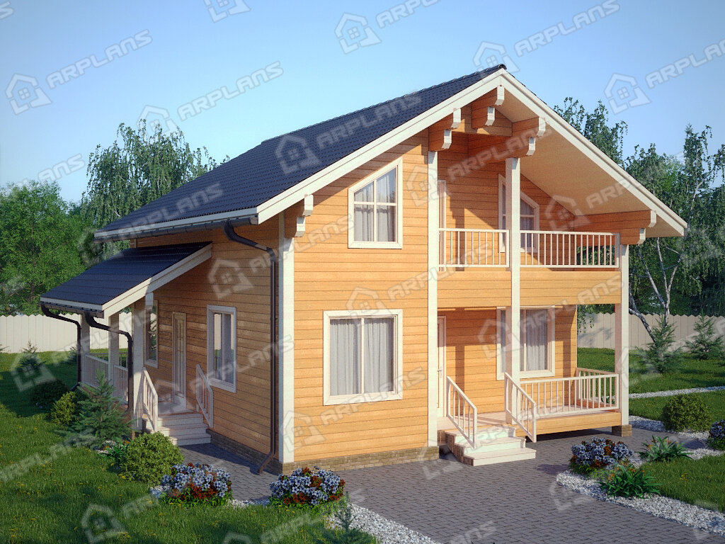 Фото 1 двухэтажного дома из бруса с мансардой, 4 спальнями, балконом и террасой. Полезная площадь 120 кв м. Источник arplans.ru Проект ДС-086