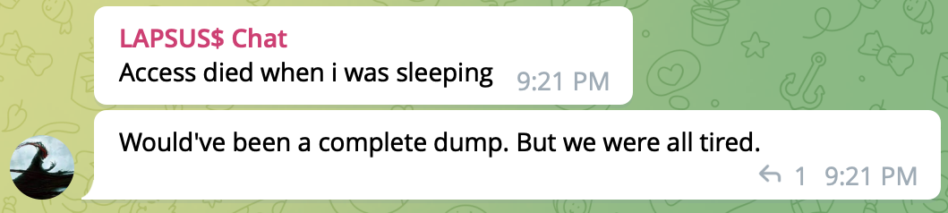 Один из членов банды LAPSUS$ признался на своем Telegram-канале, что загрузка исходного кода Microsoft была прервана.