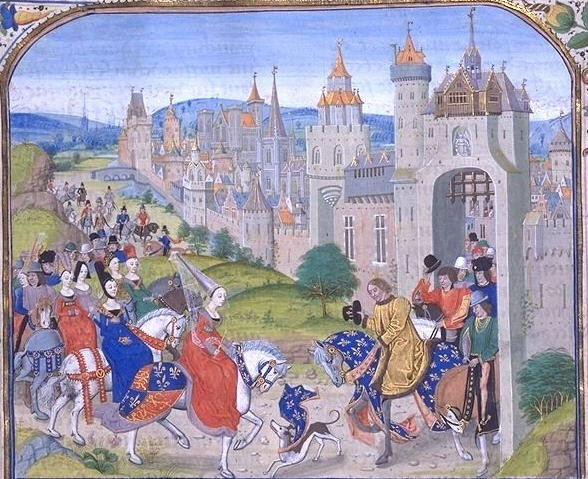 Встреча Карла IV с Изабеллой у ворот Парижа. Миниатюра из «Хроник» Фруассара, XV век