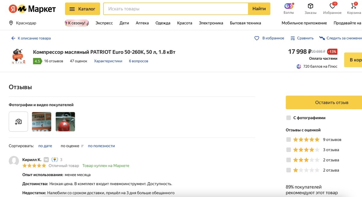 Рейтинг и отзывы с сайта Я.Маркет