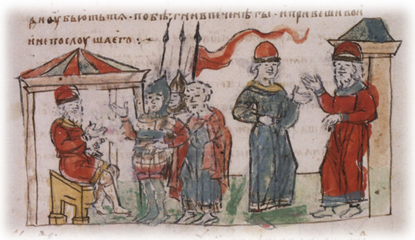 Беседа Владимира Святославича с дружиной в отчем теремном дворе; предупреждение Ярополка Святославича воеводой Варяжком о готовящемся на него покушении. Радзивилловская летопись. Конец XV века. Источник: runivers.ru